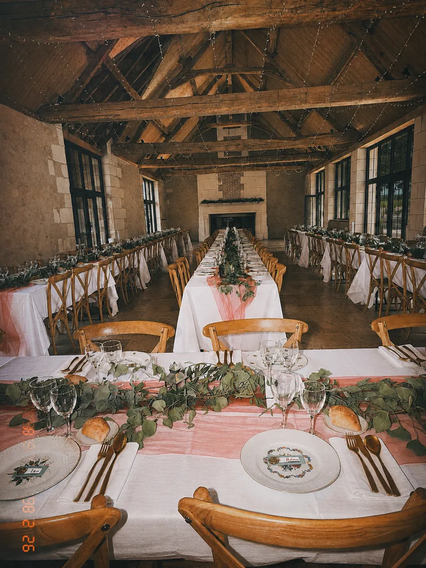 Grande tablée de mariage dressée dans un domaine